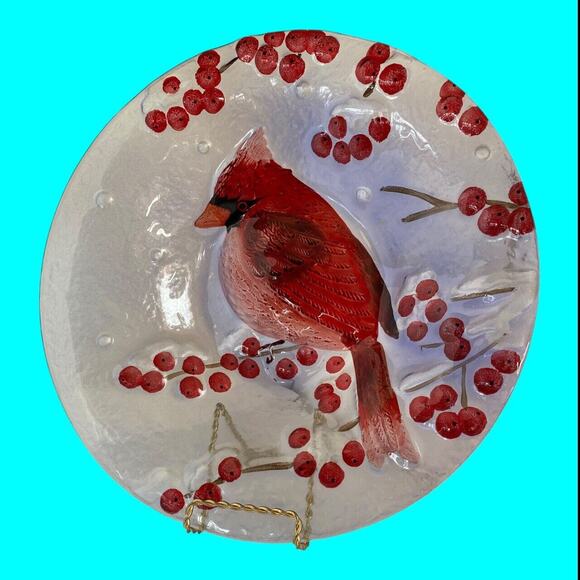 Christmas Red Cardinal & Winter Holly Berries Fused Art Decorative Bowl 13" x 2” - Picture 3 of 9